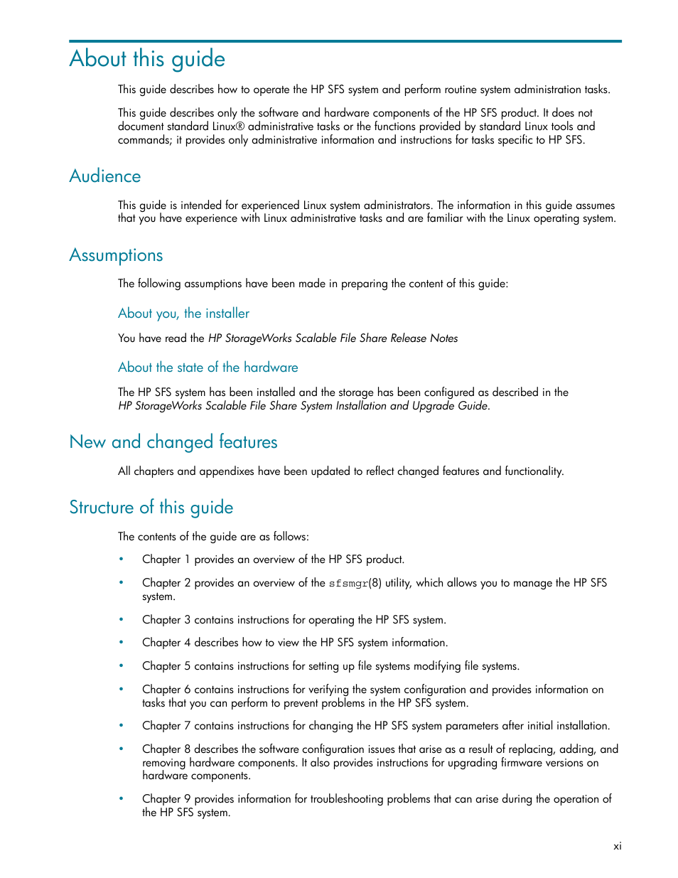 About this guide, Audience, Assumptions | New and changed features, Structure of this guide | HP StorageWorks Scalable File Share User Manual | Page 11 / 362