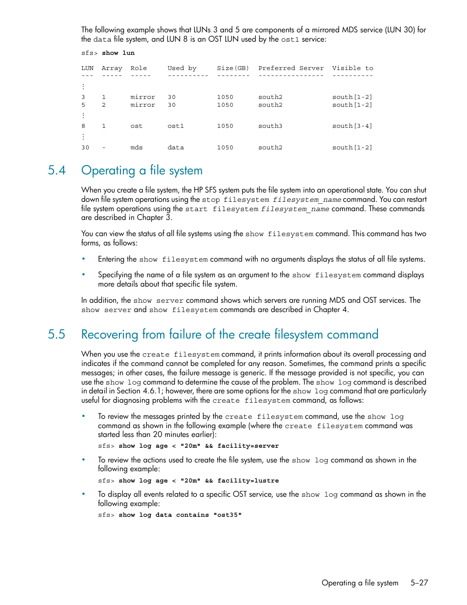 4 operating a file system, 4 operating a file system -27, Operating a file system (section 5.4) | HP StorageWorks Scalable File Share User Manual | Page 111 / 362