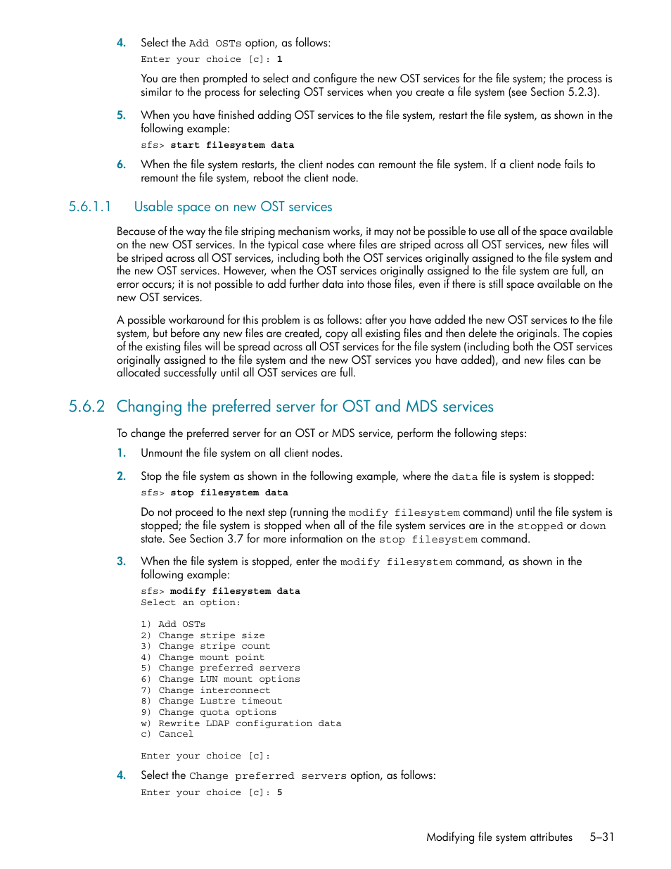 1 usable space on new ost services, Usable space on new ost services -31, Section 5.6.2 des | HP StorageWorks Scalable File Share User Manual | Page 115 / 362