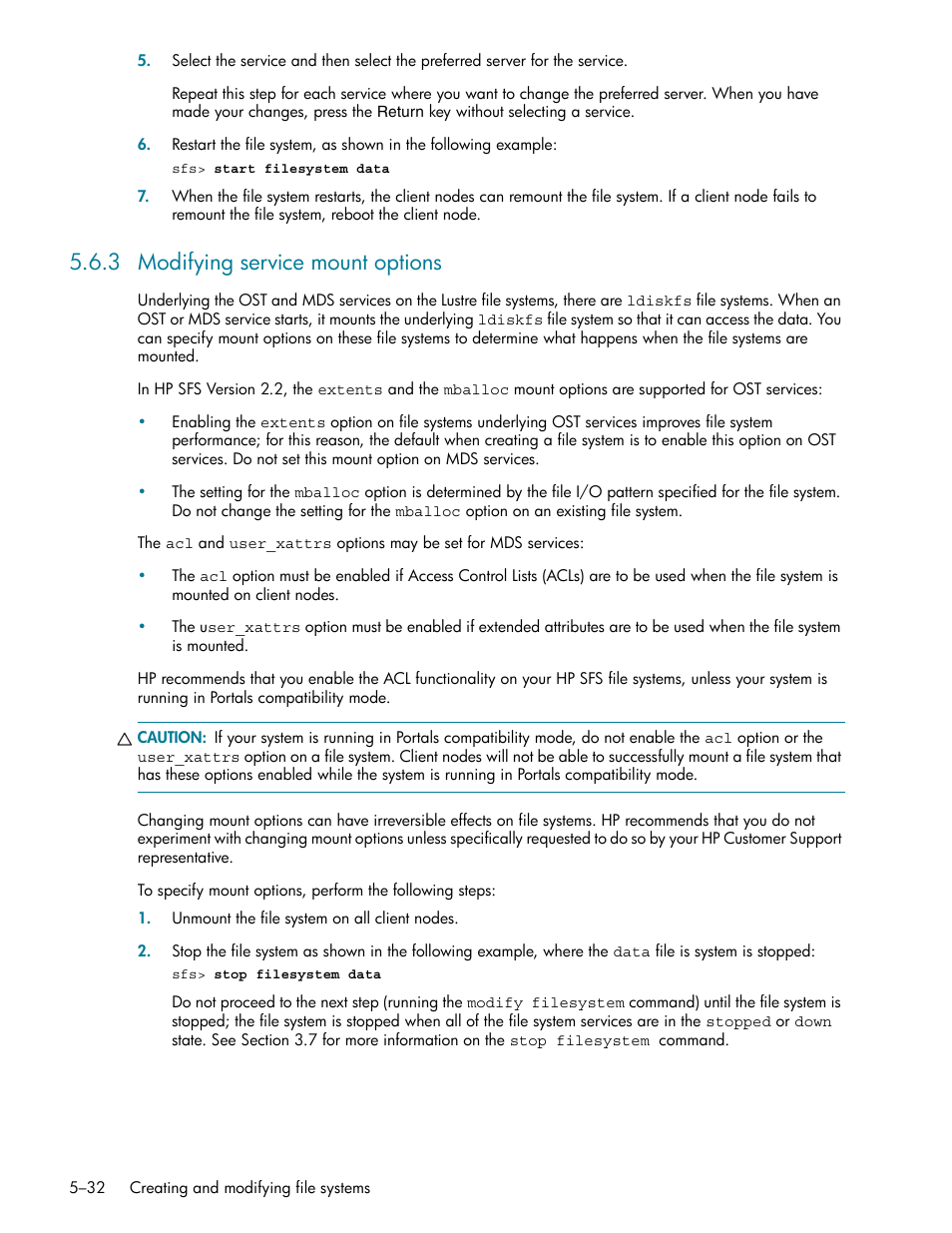 3 modifying service mount options, Modifying service mount options -32, Section 5.6.3 | HP StorageWorks Scalable File Share User Manual | Page 116 / 362