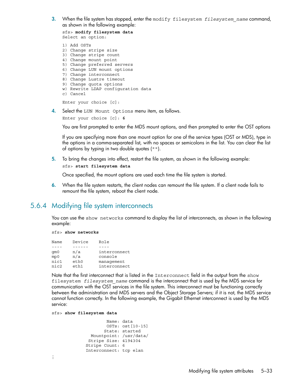 4 modifying file system interconnects, Modifying file system interconnects -33, Section 5.6.4 | HP StorageWorks Scalable File Share User Manual | Page 117 / 362