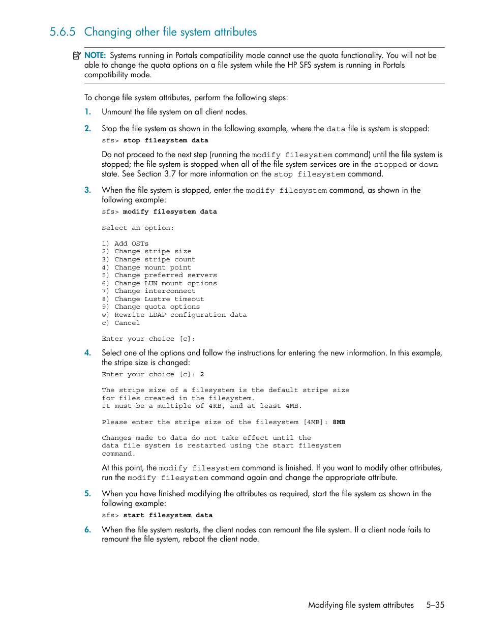 5 changing other file system attributes, Changing other file system attributes -35, Section 5.6.5 | HP StorageWorks Scalable File Share User Manual | Page 119 / 362