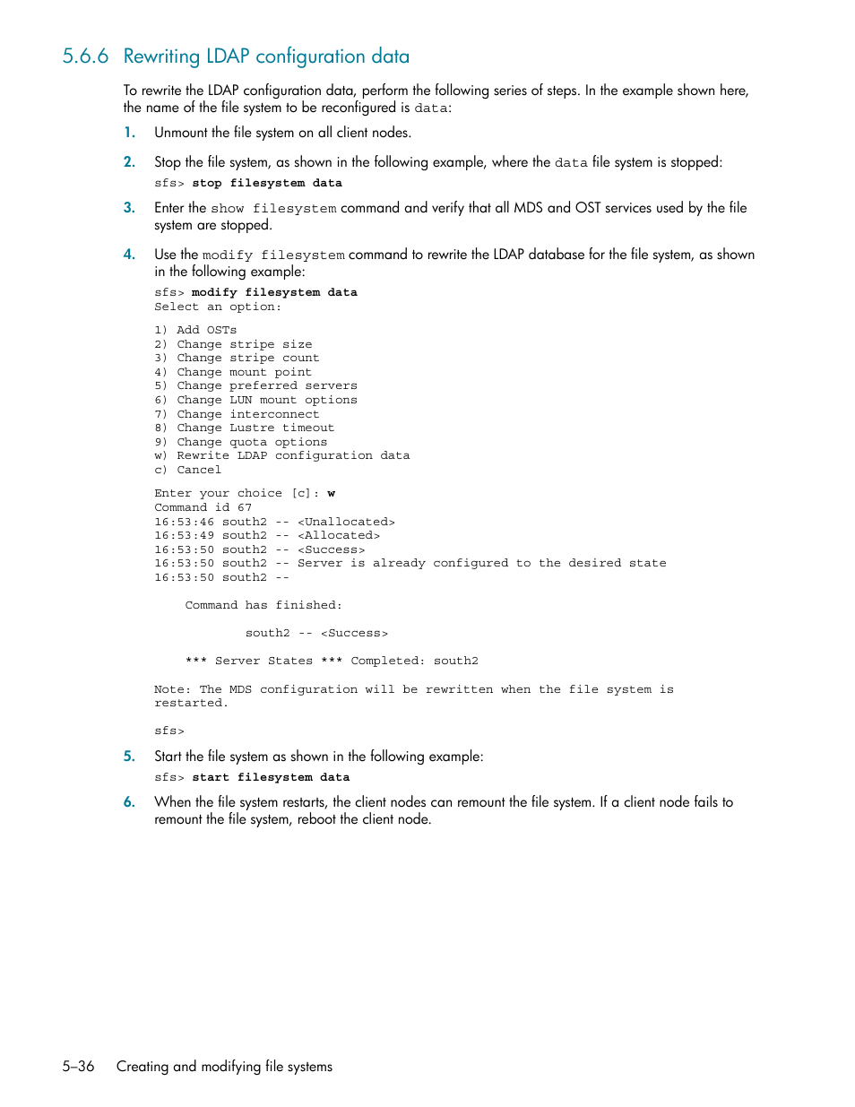 6 rewriting ldap configuration data, Rewriting ldap configuration data -36, Section 5.6.6 des | HP StorageWorks Scalable File Share User Manual | Page 120 / 362