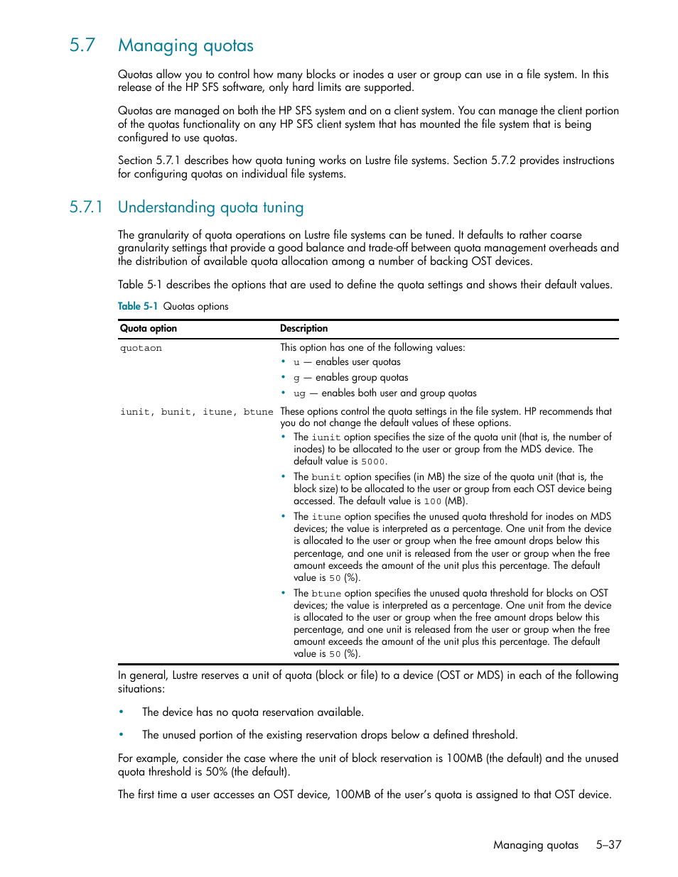 7 managing quotas, 1 understanding quota tuning, 7 managing quotas -37 | Understanding quota tuning -37, Managing quotas (section 5.7) | HP StorageWorks Scalable File Share User Manual | Page 121 / 362