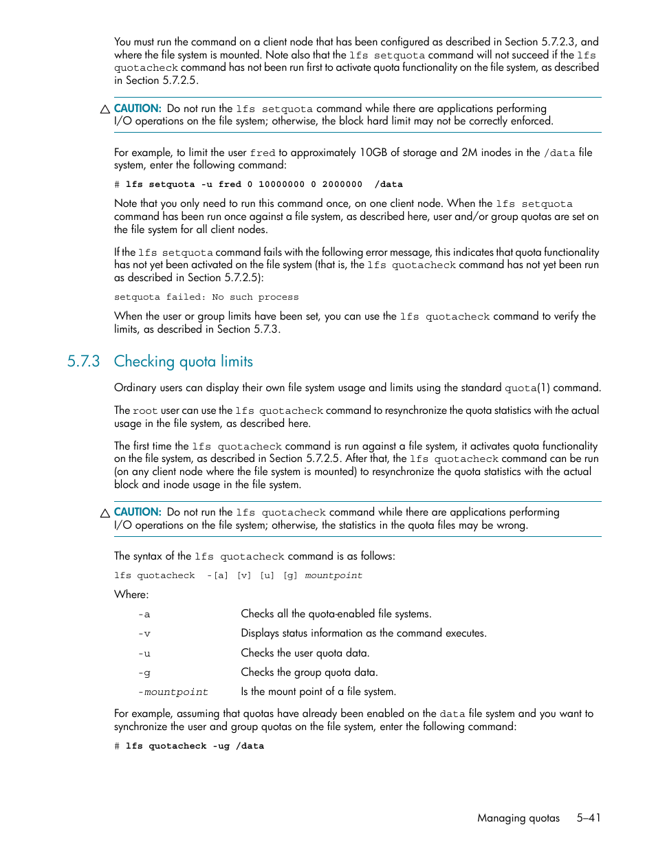 3 checking quota limits, Checking quota limits -41, Section 5.7.3 f | HP StorageWorks Scalable File Share User Manual | Page 125 / 362