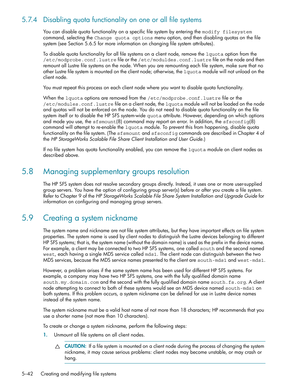 8 managing supplementary groups resolution, 9 creating a system nickname, 8 managing supplementary groups resolution -42 | 9 creating a system nickname -42, Creating a system nickname (section 5.9), Section 5.9 f | HP StorageWorks Scalable File Share User Manual | Page 126 / 362