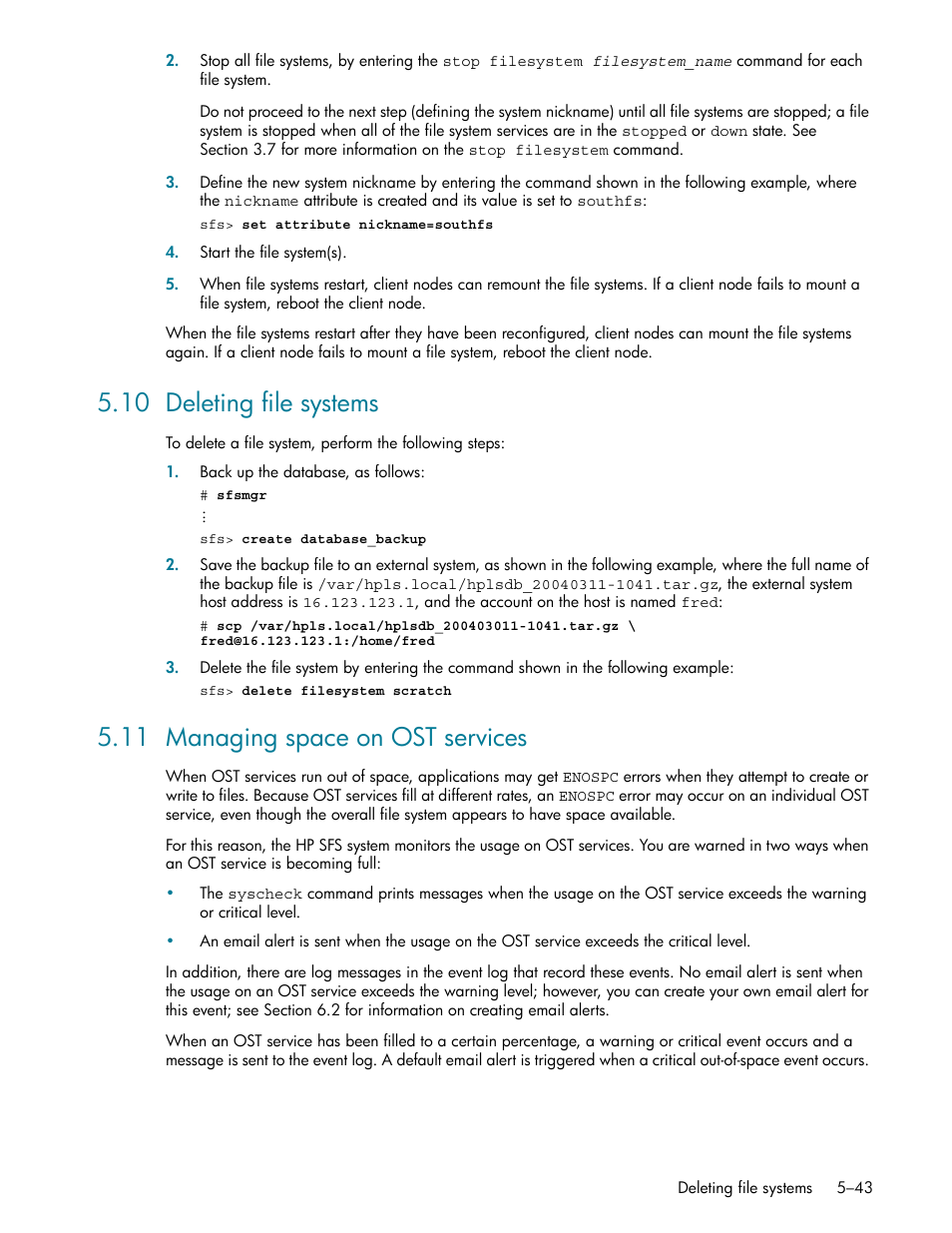 10 deleting file systems, 11 managing space on ost services, 10 deleting file systems -43 | 11 managing space on ost services -43, Deleting file systems (section 5.10), Managing space on ost services (section 5.11) | HP StorageWorks Scalable File Share User Manual | Page 127 / 362