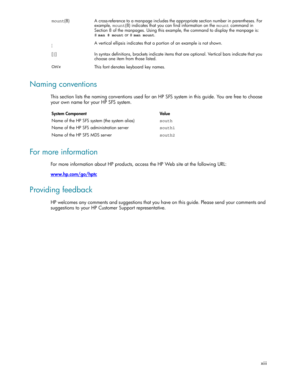 Naming conventions, For more information, Providing feedback | HP StorageWorks Scalable File Share User Manual | Page 13 / 362