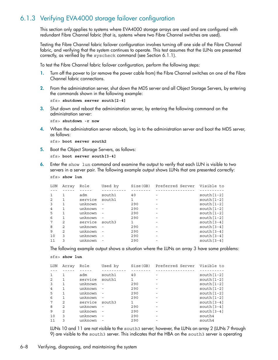 3 verifying eva4000 storage failover configuration, D in section 6.1.3 and, Bed in section 6.1.3 | HP StorageWorks Scalable File Share User Manual | Page 138 / 362