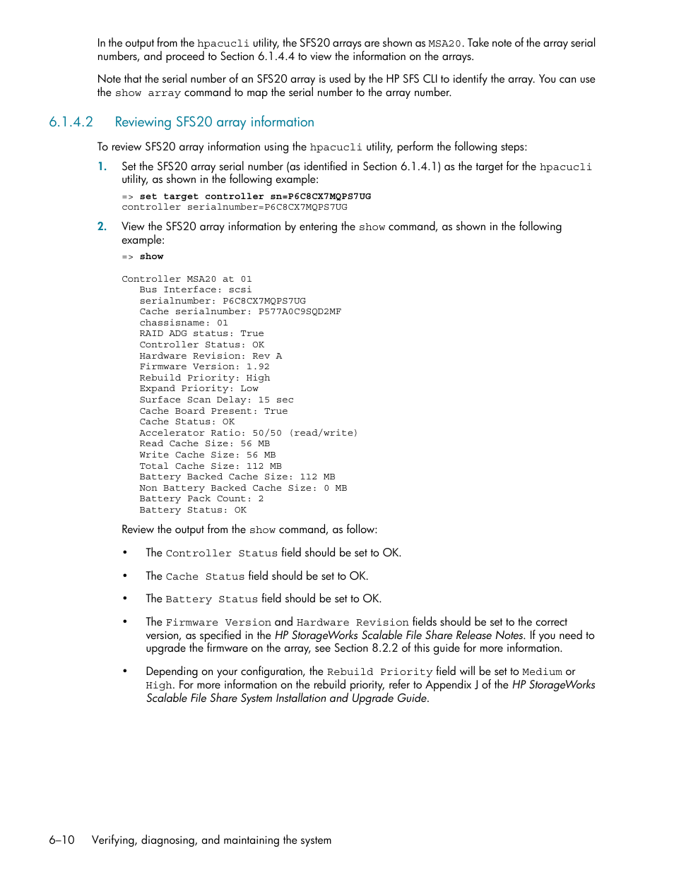 2 reviewing sfs20 array information, Reviewing sfs20 array information -10 | HP StorageWorks Scalable File Share User Manual | Page 140 / 362