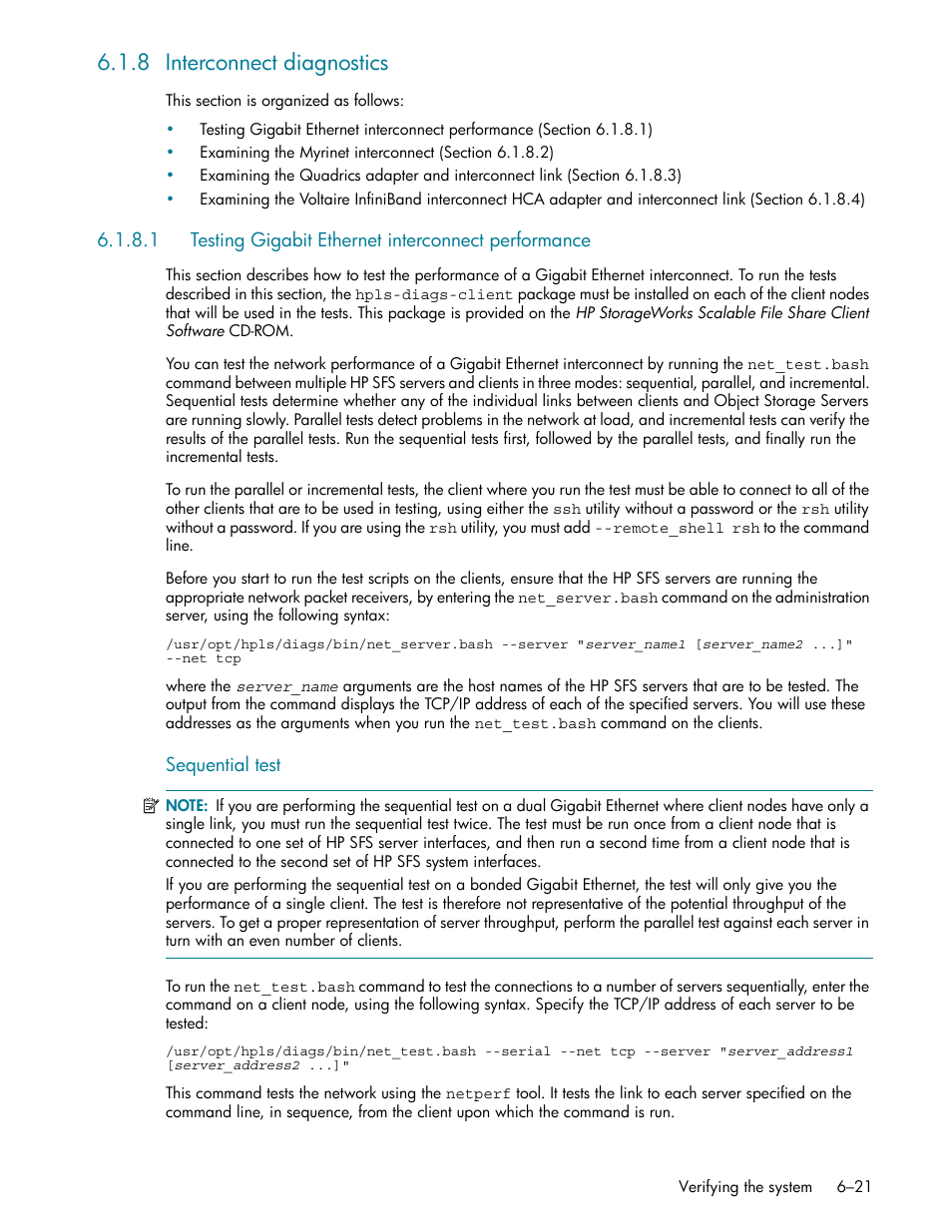 8 interconnect diagnostics, Interconnect diagnostics -21, Bed in section 6.1.8.1 | HP StorageWorks Scalable File Share User Manual | Page 151 / 362