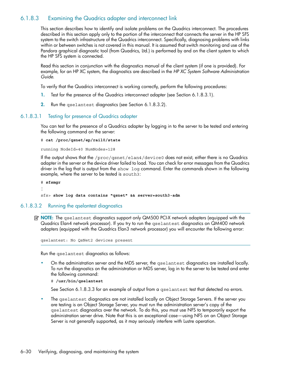 1 testing for presence of quadrics adapter, 2 running the qselantest diagnostics, Testing for presence of quadrics adapter -30 | Running the qselantest diagnostics -30, Bed in section 6.1.8.3 | HP StorageWorks Scalable File Share User Manual | Page 160 / 362