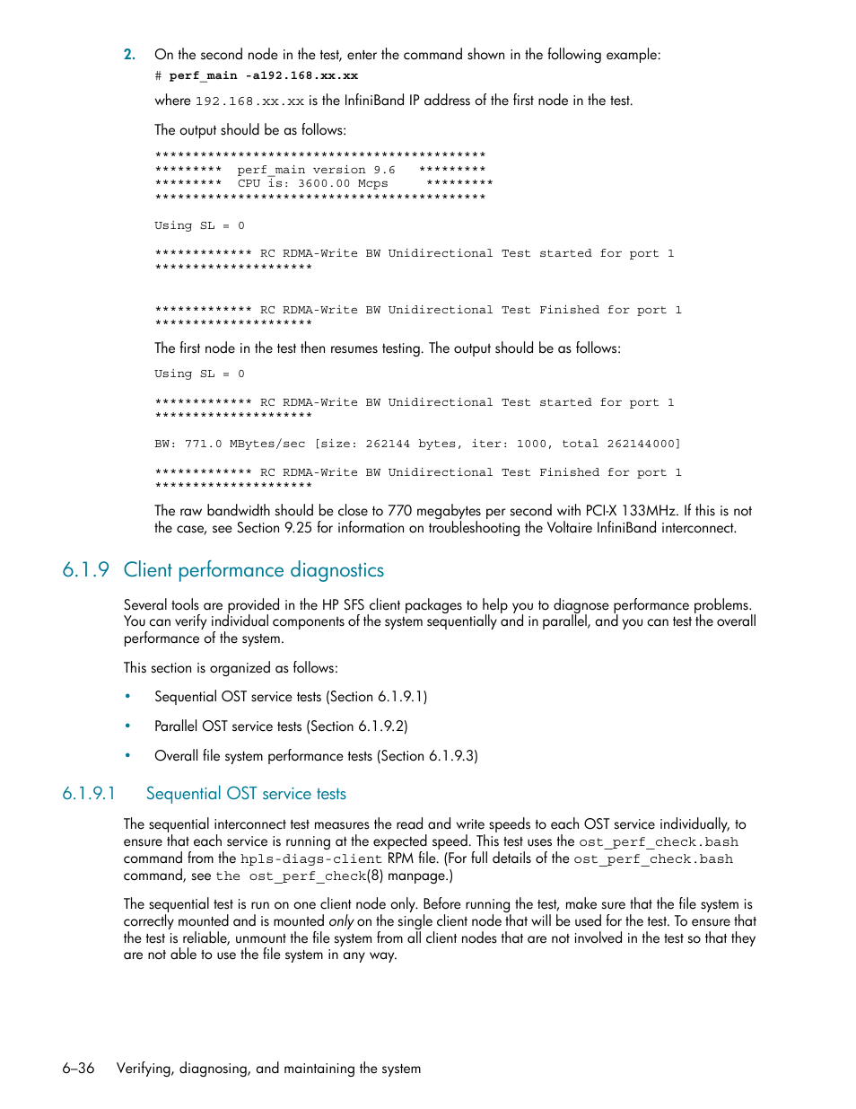 9 client performance diagnostics, 1 sequential ost service tests, Client performance diagnostics -36 | Sequential ost service tests -36, In section 6.1.9 | HP StorageWorks Scalable File Share User Manual | Page 166 / 362