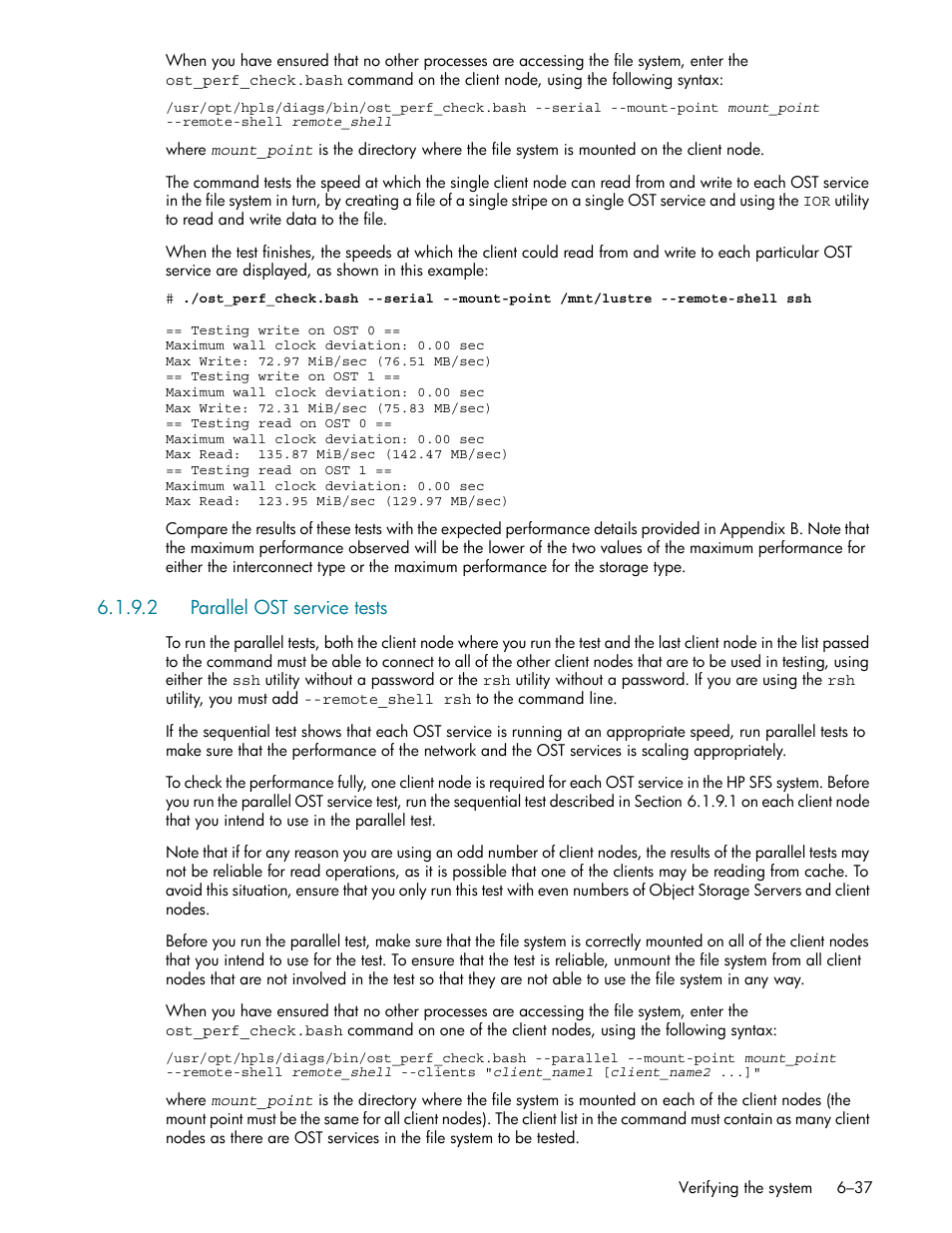 2 parallel ost service tests, Parallel ost service tests -37, Parallel ost service tests (section 6.1.9.2) | HP StorageWorks Scalable File Share User Manual | Page 167 / 362