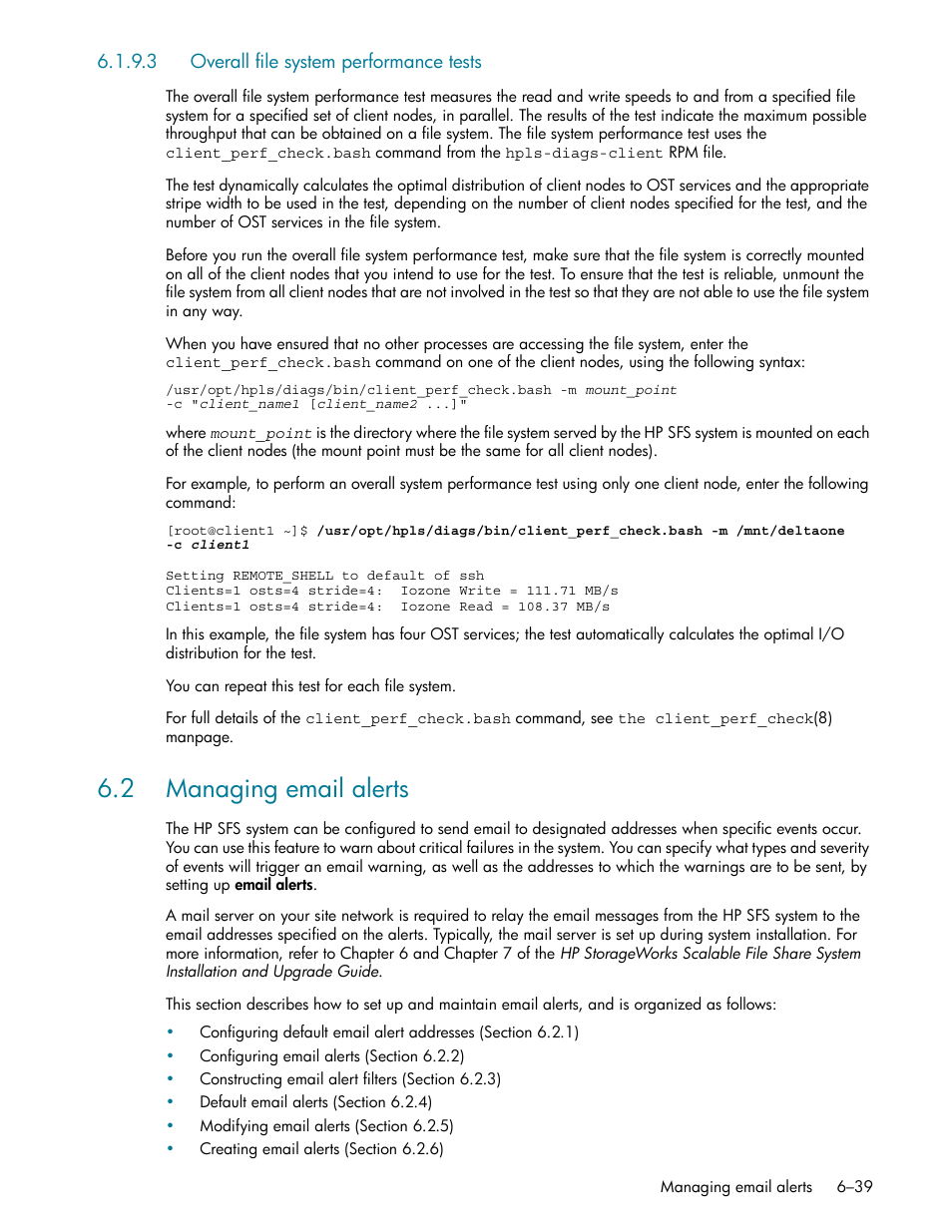 3 overall file system performance tests, 2 managing email alerts, Overall file system performance tests -39 | 2 managing email alerts -39, Managing email alerts (section 6.2) | HP StorageWorks Scalable File Share User Manual | Page 169 / 362