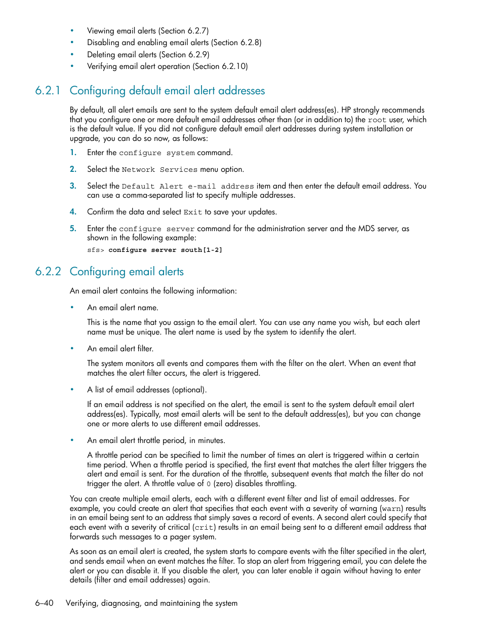 1 configuring default email alert addresses, 2 configuring email alerts, Configuring default email alert addresses -40 | Configuring email alerts -40, Configuring email alerts (section 6.2.2) | HP StorageWorks Scalable File Share User Manual | Page 170 / 362