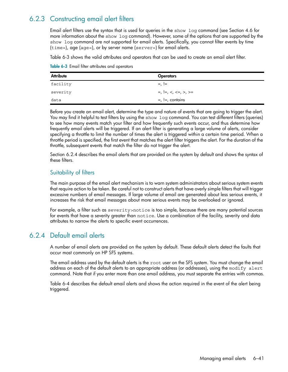 3 constructing email alert filters, 4 default email alerts, Constructing email alert filters -41 | Default email alerts -41, Constructing email alert filters (section 6.2.3), Default email alerts (section 6.2.4) | HP StorageWorks Scalable File Share User Manual | Page 171 / 362