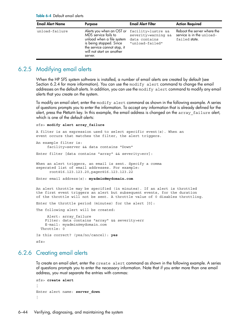 5 modifying email alerts, 6 creating email alerts, Modifying email alerts -44 | Creating email alerts -44, Modifying email alerts (section 6.2.5), Creating email alerts (section 6.2.6) | HP StorageWorks Scalable File Share User Manual | Page 174 / 362