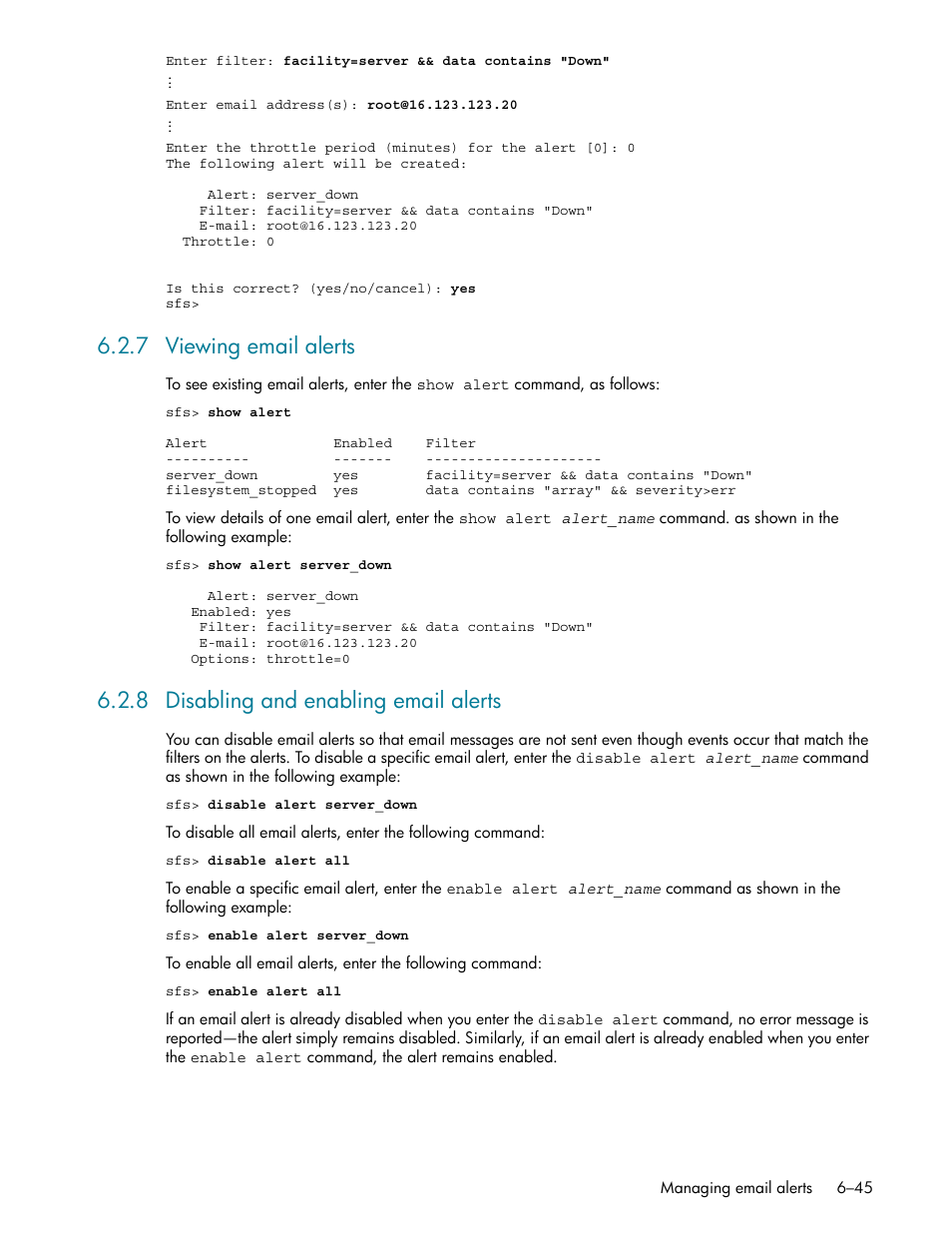 7 viewing email alerts, 8 disabling and enabling email alerts, Viewing email alerts -45 | Disabling and enabling email alerts -45, Viewing email alerts (section 6.2.7) | HP StorageWorks Scalable File Share User Manual | Page 175 / 362