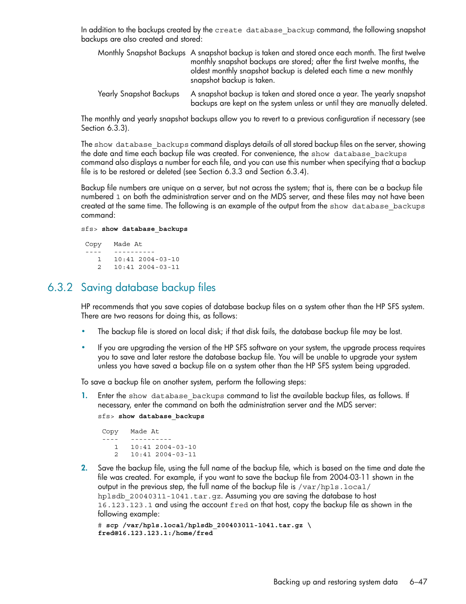 2 saving database backup files, Saving database backup files -47 | HP StorageWorks Scalable File Share User Manual | Page 177 / 362