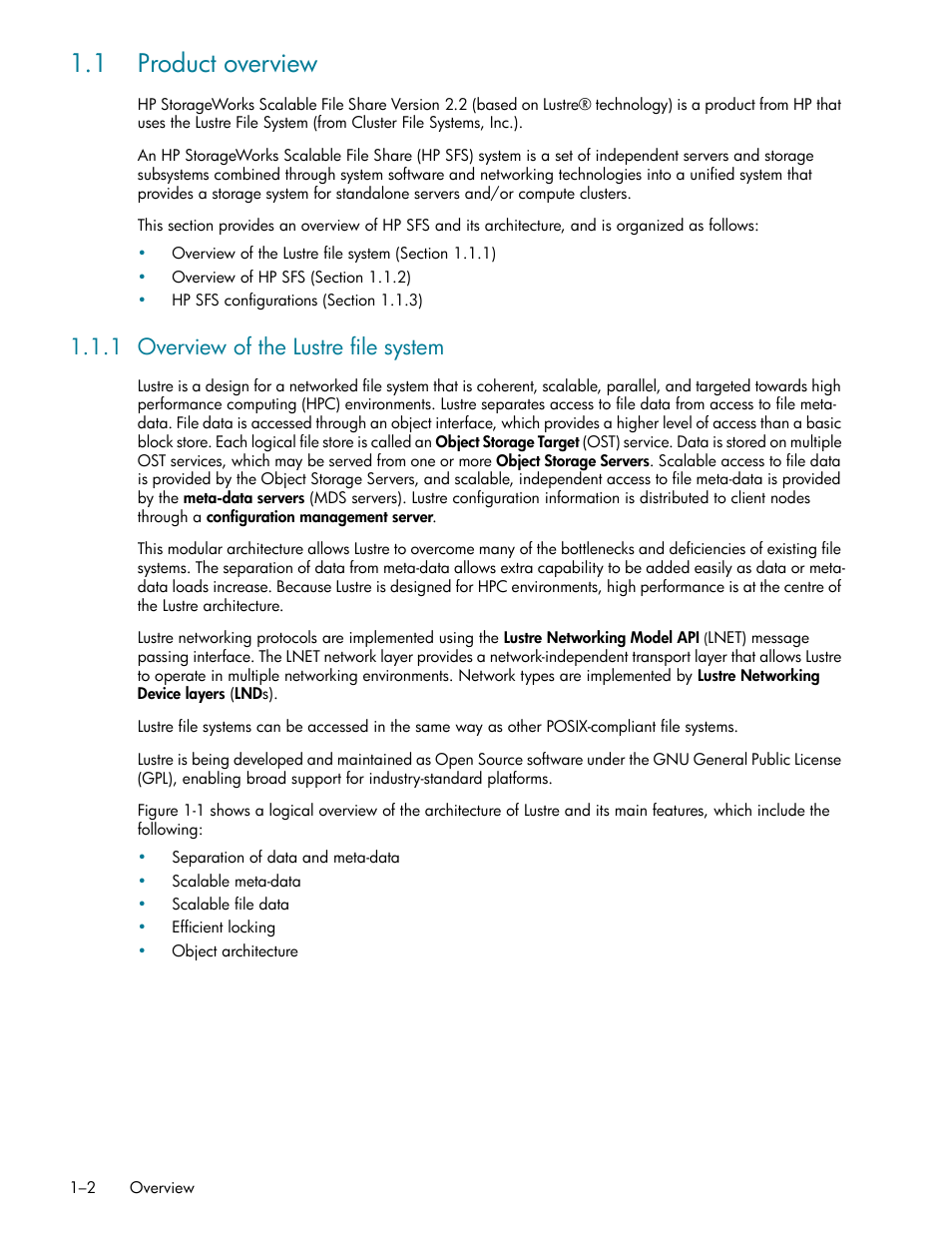 1 product overview, 1 overview of the lustre file system, 1 product overview -2 | Overview of the lustre file system -2 | HP StorageWorks Scalable File Share User Manual | Page 18 / 362