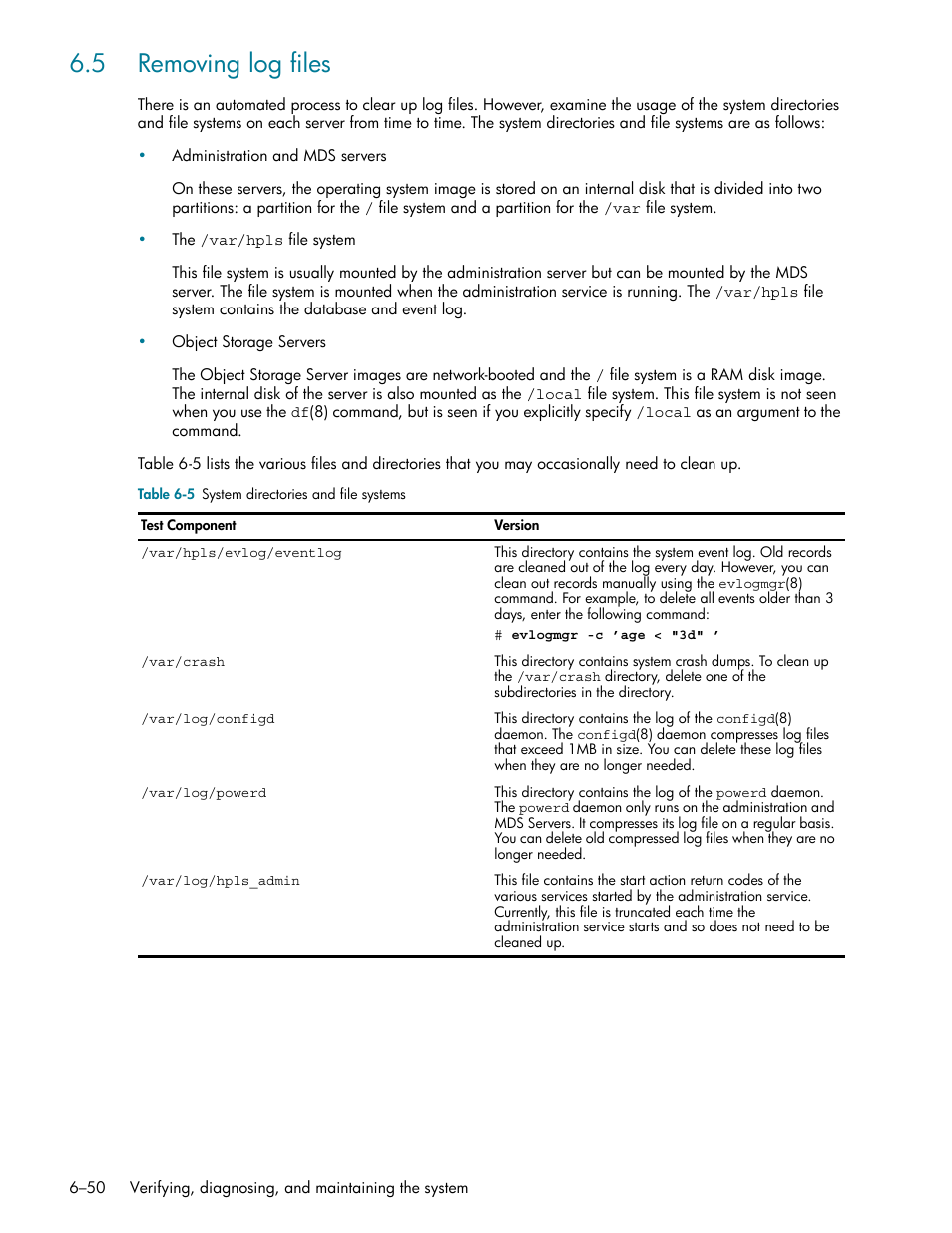 5 removing log files, 5 removing log files -50, Removing log files (section 6.5) | HP StorageWorks Scalable File Share User Manual | Page 180 / 362