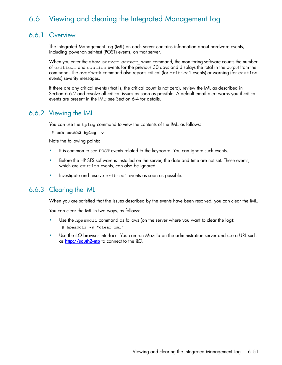 1 overview, 2 viewing the iml, 3 clearing the iml | Overview -51, Viewing the iml -51, Clearing the iml -51 | HP StorageWorks Scalable File Share User Manual | Page 181 / 362