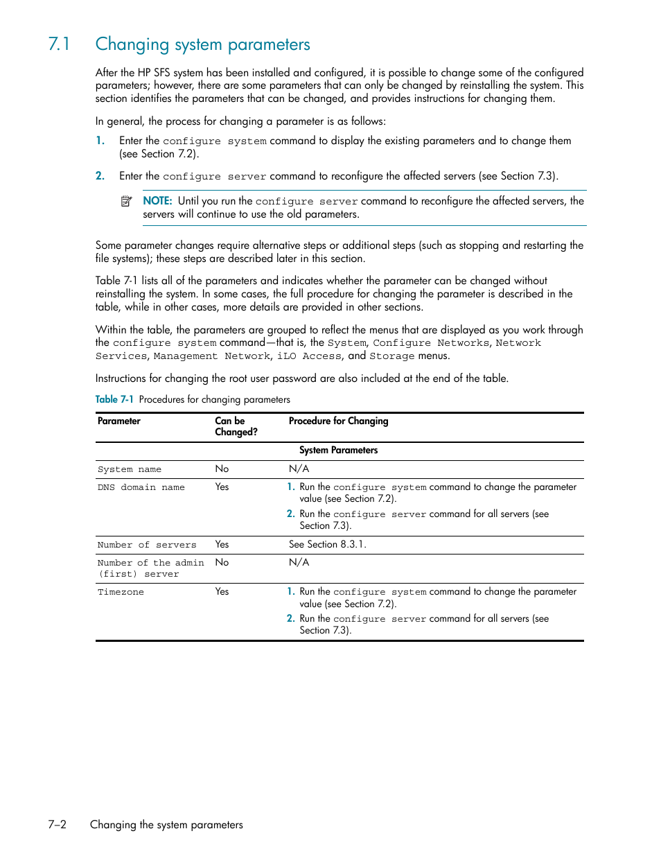 1 changing system parameters, 1 changing system parameters -2, Changing system parameters (section 7.1) | HP StorageWorks Scalable File Share User Manual | Page 184 / 362