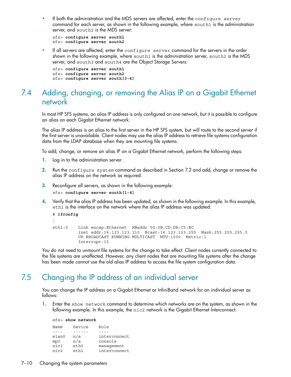 5 changing the ip address of an individual server, Ee section 7.5, Ee section 7.4 | HP StorageWorks Scalable File Share User Manual | Page 192 / 362