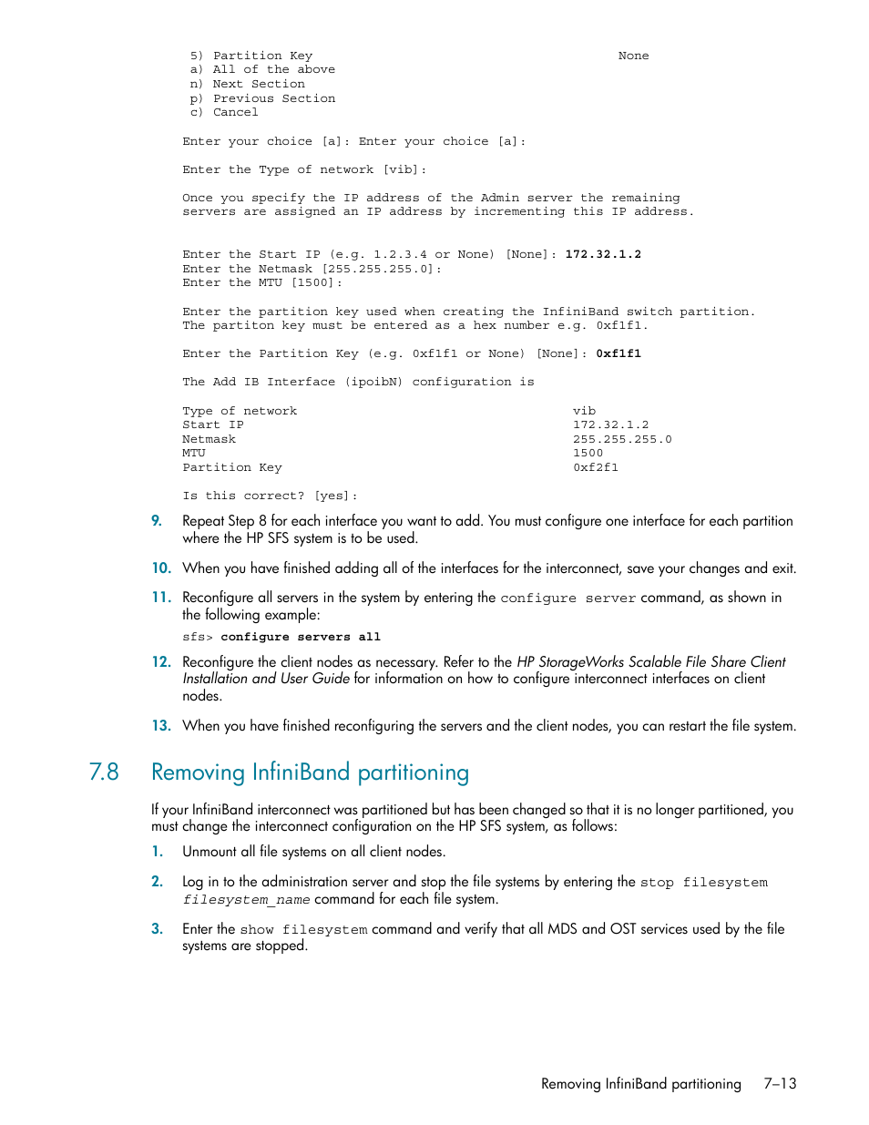 8 removing infiniband partitioning, 8 removing infiniband partitioning -13, Removing infiniband partitioning (section 7.8) | Ee section 7.8 | HP StorageWorks Scalable File Share User Manual | Page 195 / 362