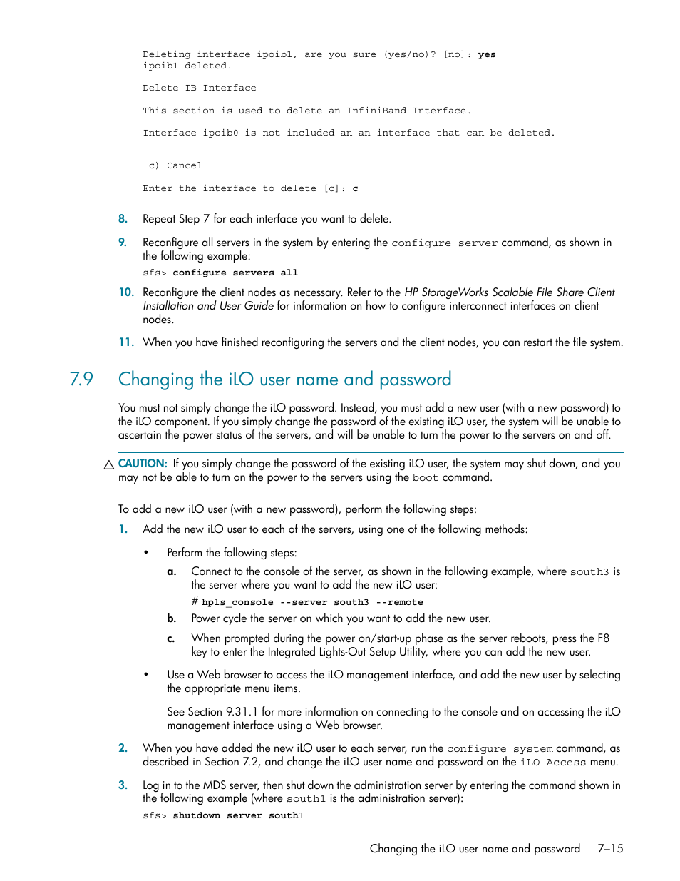 9 changing the ilo user name and password, 9 changing the ilo user name and password -15, Ee section 7.9 | HP StorageWorks Scalable File Share User Manual | Page 197 / 362