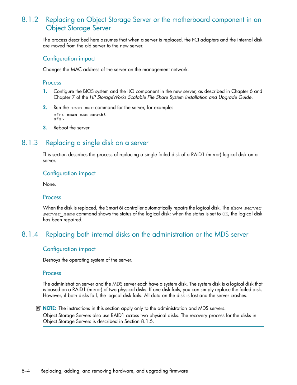 3 replacing a single disk on a server, Replacing a single disk on a server -4, Section 8.1.2) | Bed in section 8.1.4 | HP StorageWorks Scalable File Share User Manual | Page 202 / 362