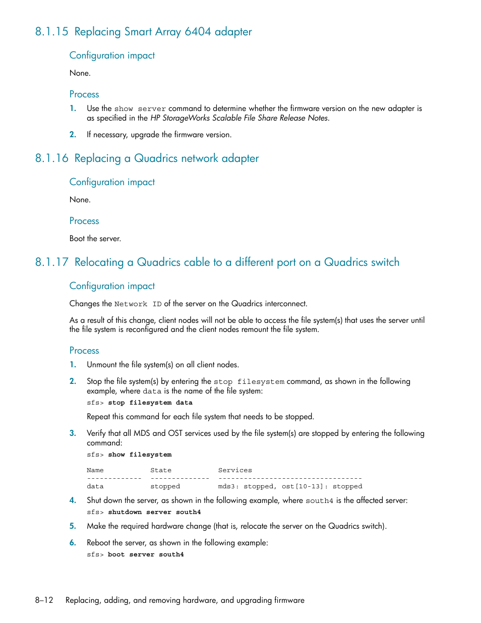 15 replacing smart array 6404 adapter, 16 replacing a quadrics network adapter, 15 replacing smart array 6404 adapter -12 | 16 replacing a quadrics network adapter -12 | HP StorageWorks Scalable File Share User Manual | Page 210 / 362