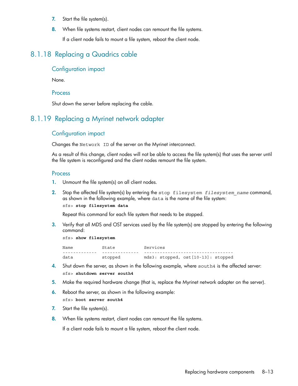 18 replacing a quadrics cable, 19 replacing a myrinet network adapter, 18 replacing a quadrics cable -13 | 19 replacing a myrinet network adapter -13, Replacing a quadrics cable (section 8.1.18) | HP StorageWorks Scalable File Share User Manual | Page 211 / 362