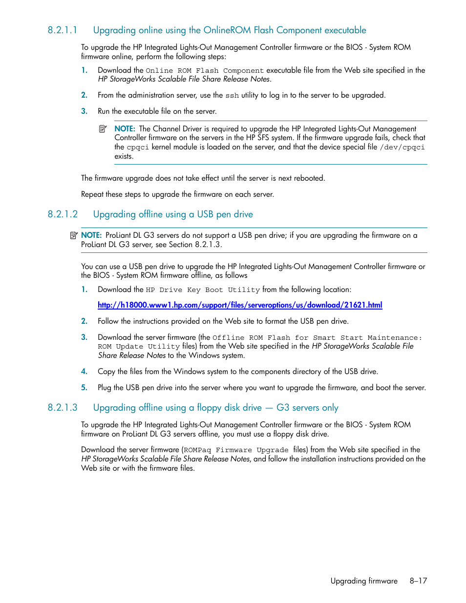 2 upgrading offline using a usb pen drive, Upgrading offline using a usb pen drive -17 | HP StorageWorks Scalable File Share User Manual | Page 215 / 362