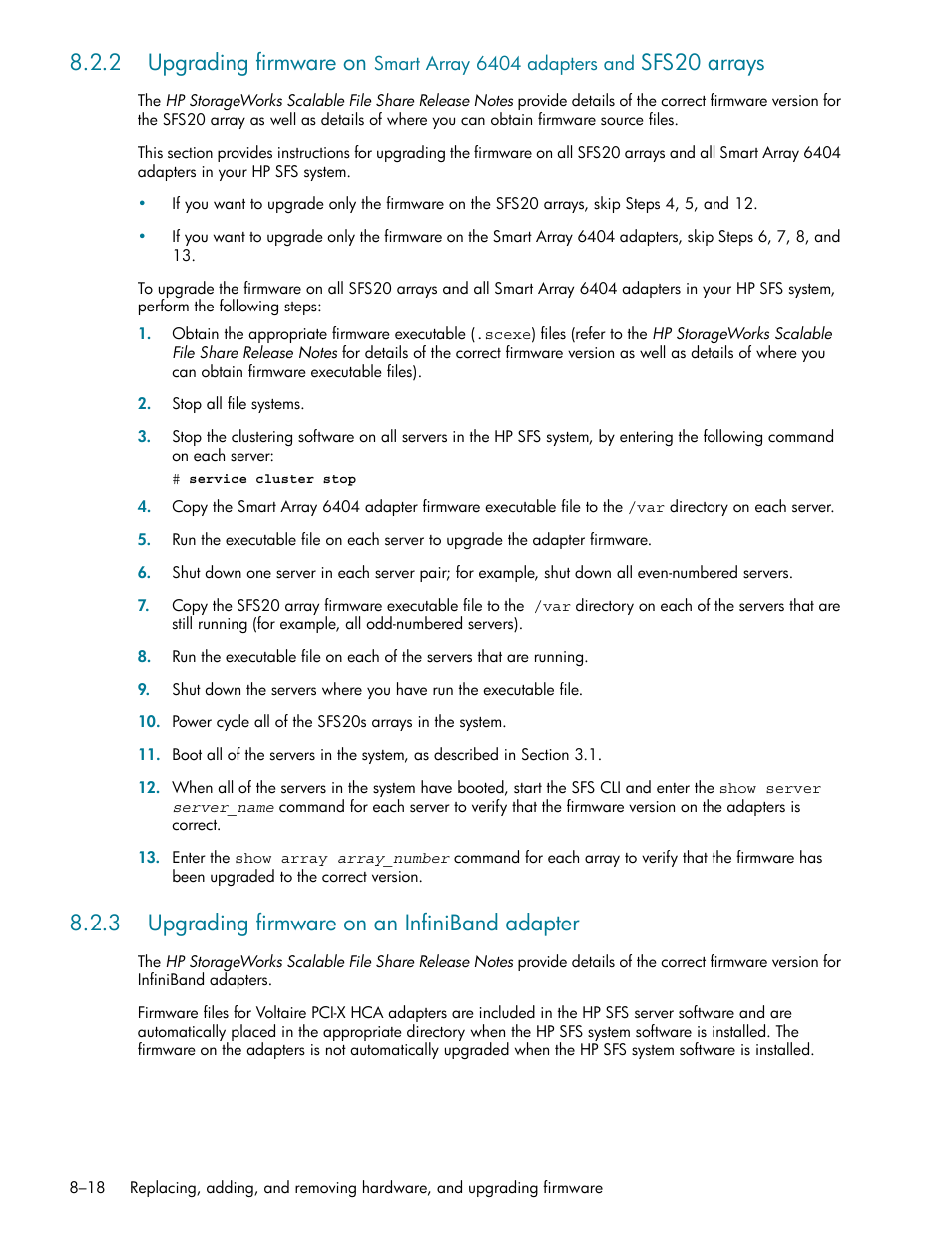 3 upgrading firmware on an infiniband adapter, Upgrading firmware on an infiniband adapter -18, Section 8.2.2 | 2 upgrading firmware on, Sfs20 arrays | HP StorageWorks Scalable File Share User Manual | Page 216 / 362