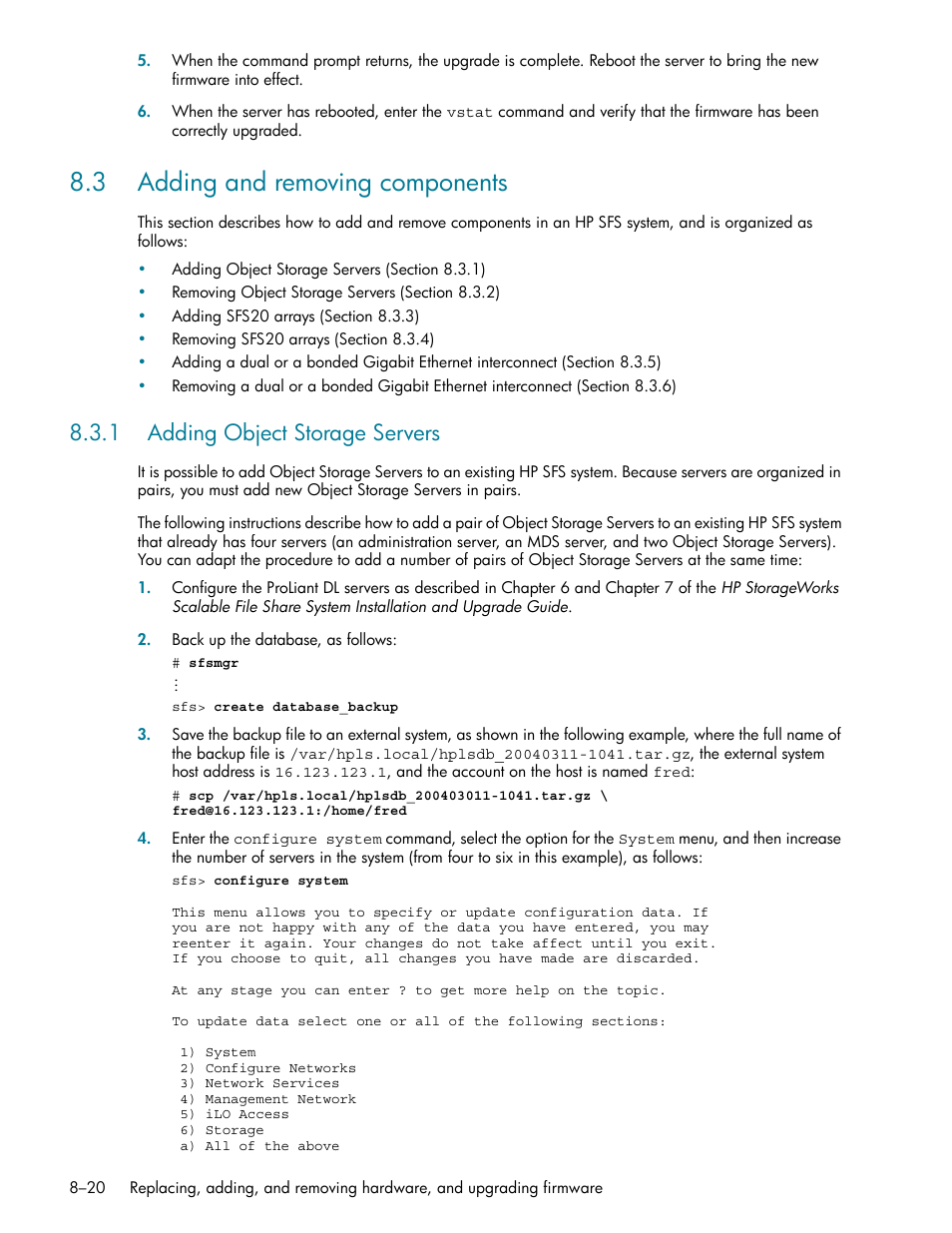 3 adding and removing components, 1 adding object storage servers, 3 adding and removing components -20 | Adding object storage servers -20, Ee section 8.3.1 | HP StorageWorks Scalable File Share User Manual | Page 218 / 362