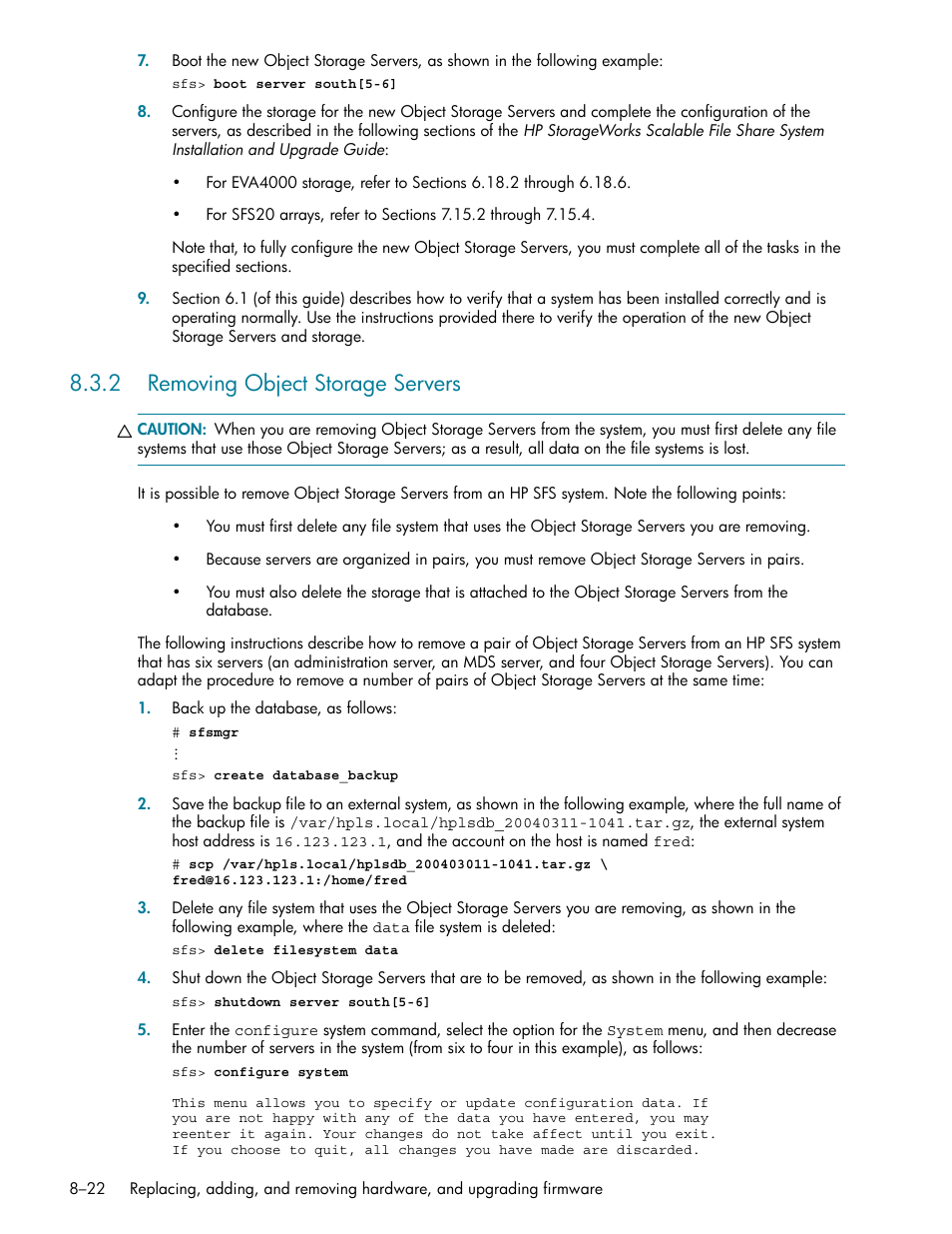 2 removing object storage servers, Removing object storage servers -22, Removing object storage servers (section 8.3.2) | HP StorageWorks Scalable File Share User Manual | Page 220 / 362