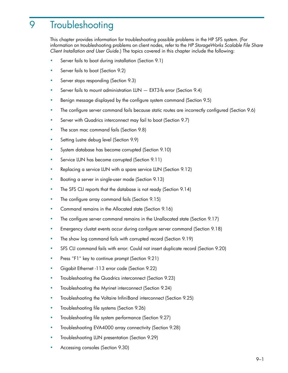 Troubleshooting, Chapter 9, 9troubleshooting | HP StorageWorks Scalable File Share User Manual | Page 225 / 362