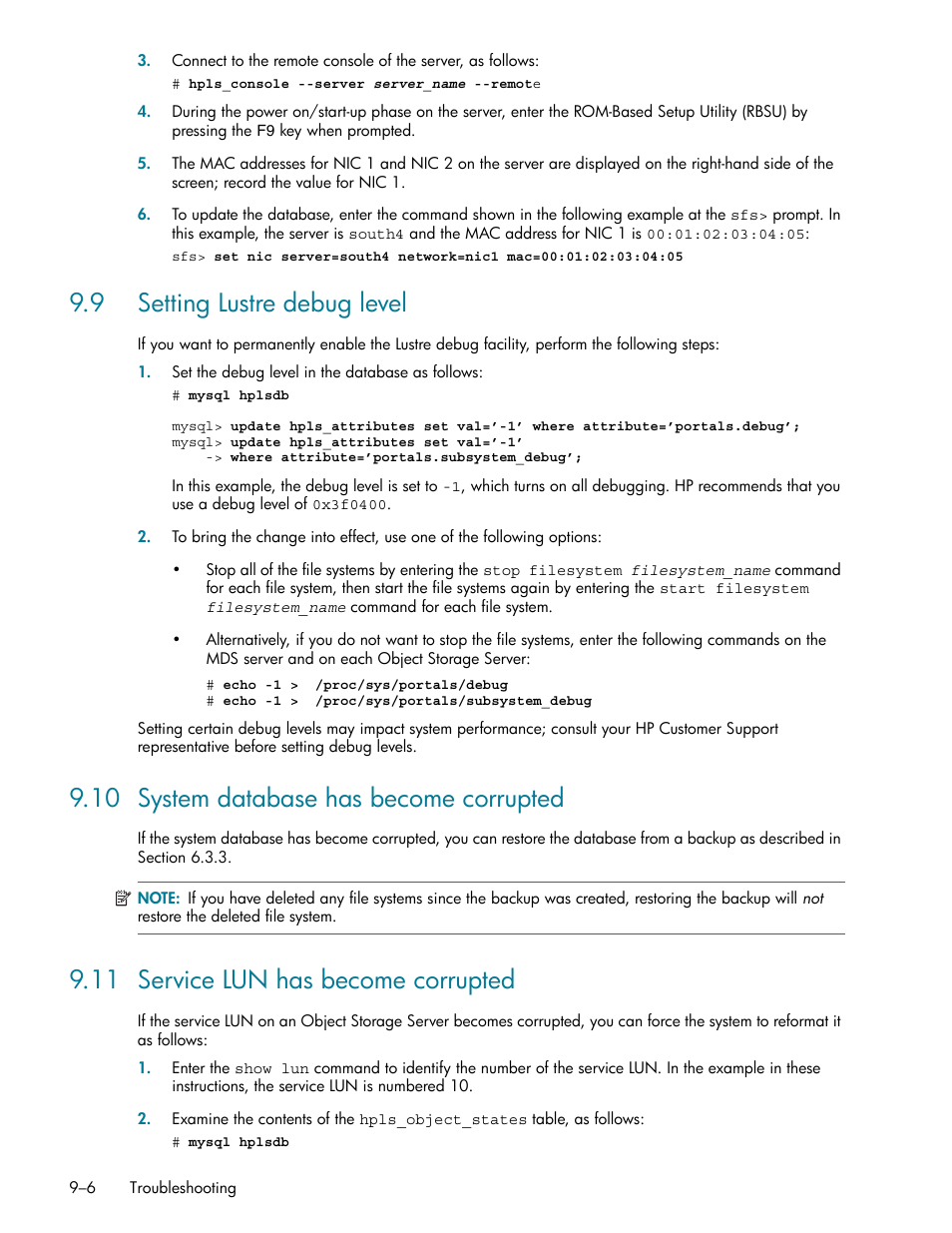 9 setting lustre debug level, 10 system database has become corrupted, 11 service lun has become corrupted | 9 setting lustre debug level -6, 10 system database has become corrupted -6, 11 service lun has become corrupted -6, Setting lustre debug level (section 9.9), Service lun has become corrupted (section 9.11) | HP StorageWorks Scalable File Share User Manual | Page 230 / 362
