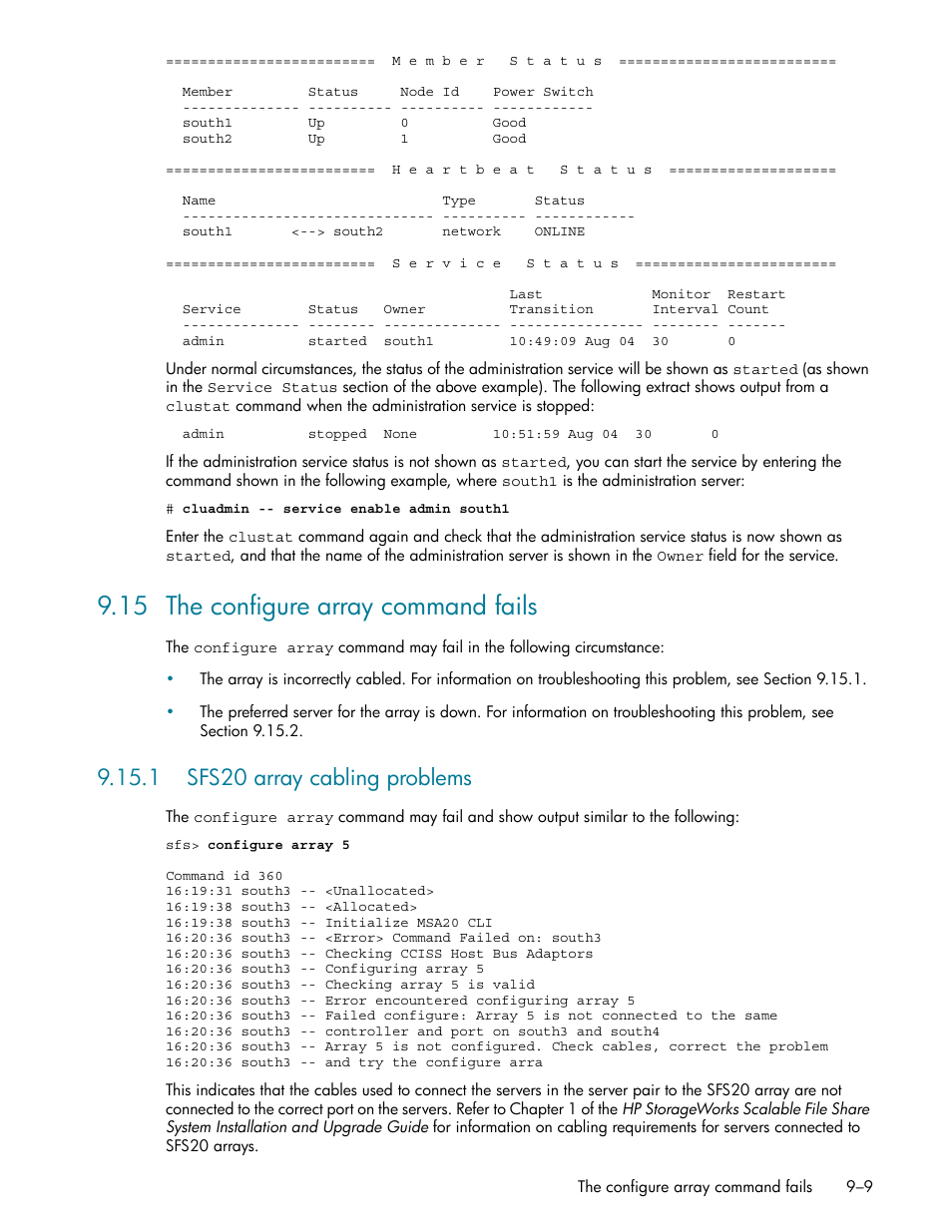 15 the configure array command fails, 1 sfs20 array cabling problems, 15 the configure array command fails -9 | 1 sfs20 array cabling problems -9, The configure array command fails (section 9.15) | HP StorageWorks Scalable File Share User Manual | Page 233 / 362