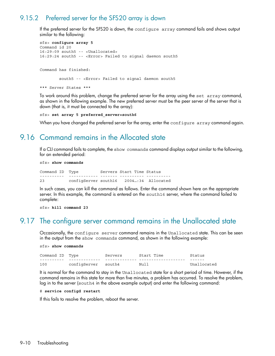 2 preferred server for the sfs20 array is down, 16 command remains in the allocated state, 2 preferred server for the sfs20 array is down -10 | 16 command remains in the allocated state -10 | HP StorageWorks Scalable File Share User Manual | Page 234 / 362