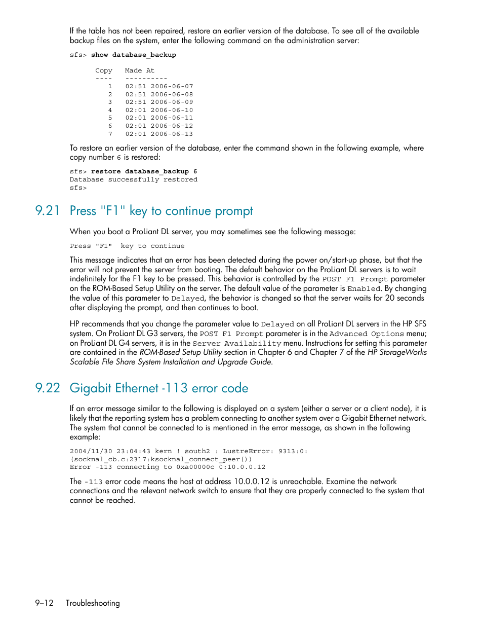 21 press "f1" key to continue prompt, 22 gigabit ethernet -113 error code, 21 press "f1" key to continue prompt -12 | 22 gigabit ethernet -113 error code -12, Press "f1" key to continue prompt (section 9.21), Gigabit ethernet -113 error code (section 9.22) | HP StorageWorks Scalable File Share User Manual | Page 236 / 362