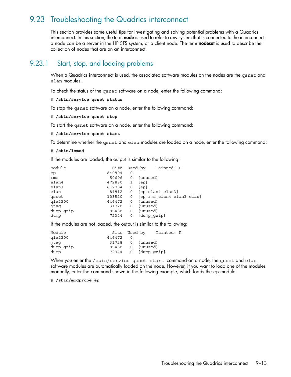 23 troubleshooting the quadrics interconnect, 1 start, stop, and loading problems, 23 troubleshooting the quadrics interconnect -13 | 1 start, stop, and loading problems -13 | HP StorageWorks Scalable File Share User Manual | Page 237 / 362