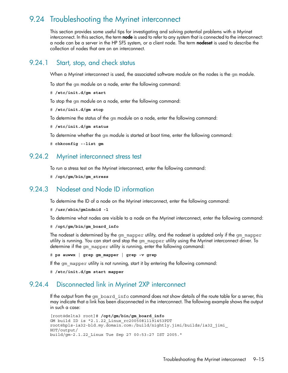 24 troubleshooting the myrinet interconnect, 1 start, stop, and check status, 2 myrinet interconnect stress test | 3 nodeset and node id information, 4 disconnected link in myrinet 2xp interconnect, 24 troubleshooting the myrinet interconnect -15, 1 start, stop, and check status -15, 2 myrinet interconnect stress test -15, 3 nodeset and node id information -15 | HP StorageWorks Scalable File Share User Manual | Page 239 / 362