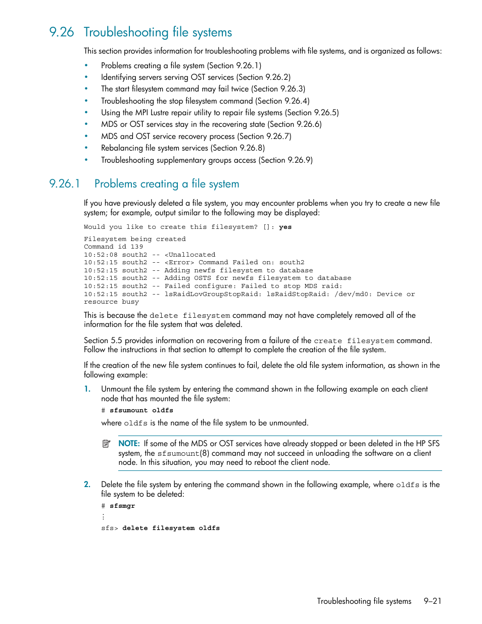 26 troubleshooting file systems, 1 problems creating a file system, 26 troubleshooting file systems -21 | 1 problems creating a file system -21, Troubleshooting file systems (section 9.26) | HP StorageWorks Scalable File Share User Manual | Page 245 / 362