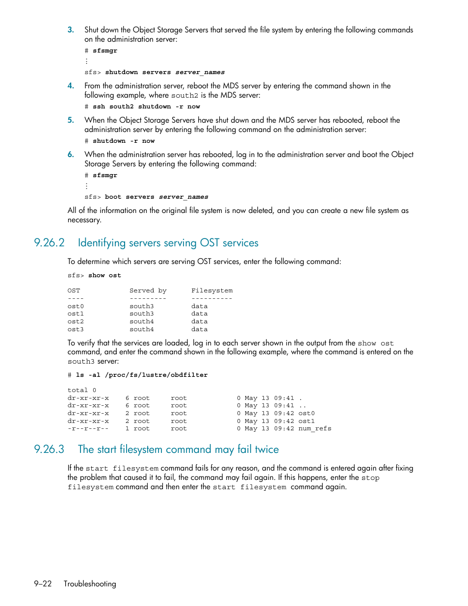 2 identifying servers serving ost services, 3 the start filesystem command may fail twice, 2 identifying servers serving ost services -22 | 3 the start filesystem command may fail twice -22 | HP StorageWorks Scalable File Share User Manual | Page 246 / 362