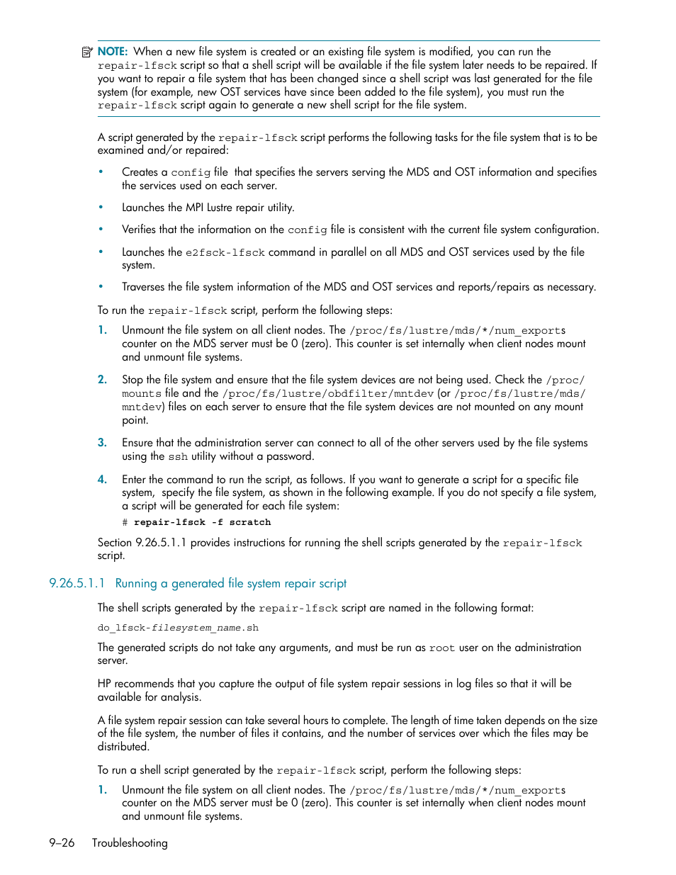 1 running a generated file system repair script, Running a generated file system repair script -26 | HP StorageWorks Scalable File Share User Manual | Page 250 / 362