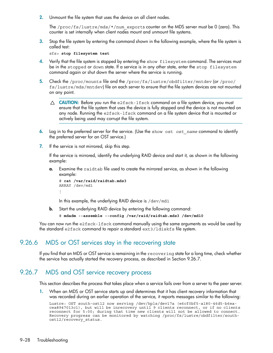 6 mds or ost services stay in the recovering state, 7 mds and ost service recovery process, 7 mds and ost service recovery process -28 | HP StorageWorks Scalable File Share User Manual | Page 252 / 362