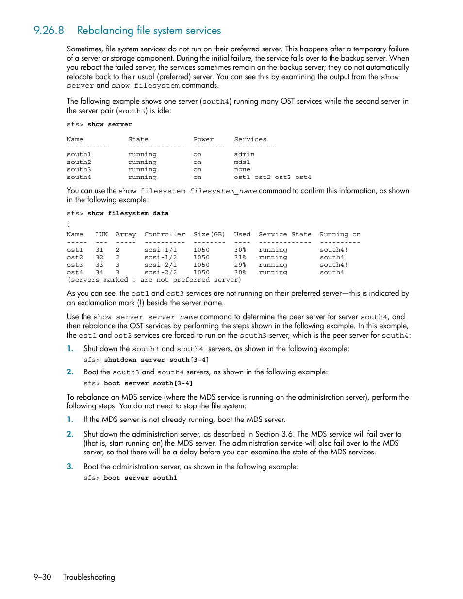 8 rebalancing file system services, 8 rebalancing file system services -30, Rebalancing file system services (section 9.26.8) | HP StorageWorks Scalable File Share User Manual | Page 254 / 362